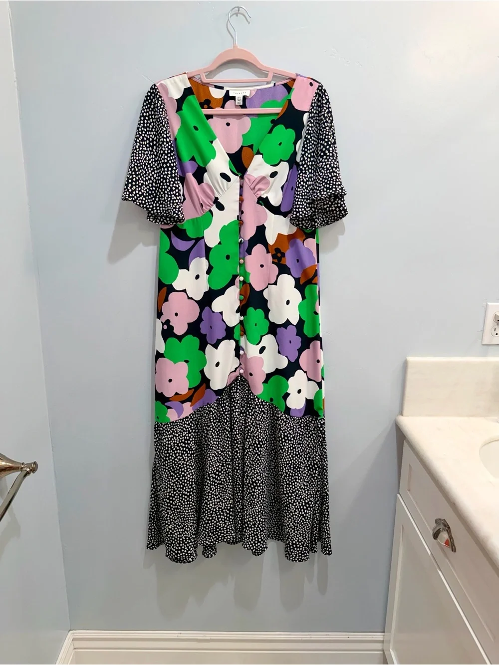 Sold Topshop Mixed Print Floral Polka Dot Midi Dress Multi-Color Flutter Sleeve - Picture 5 of 13